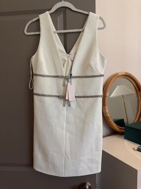 cinq a sept Ivory Mini Dress with Rhinestone Waistbands